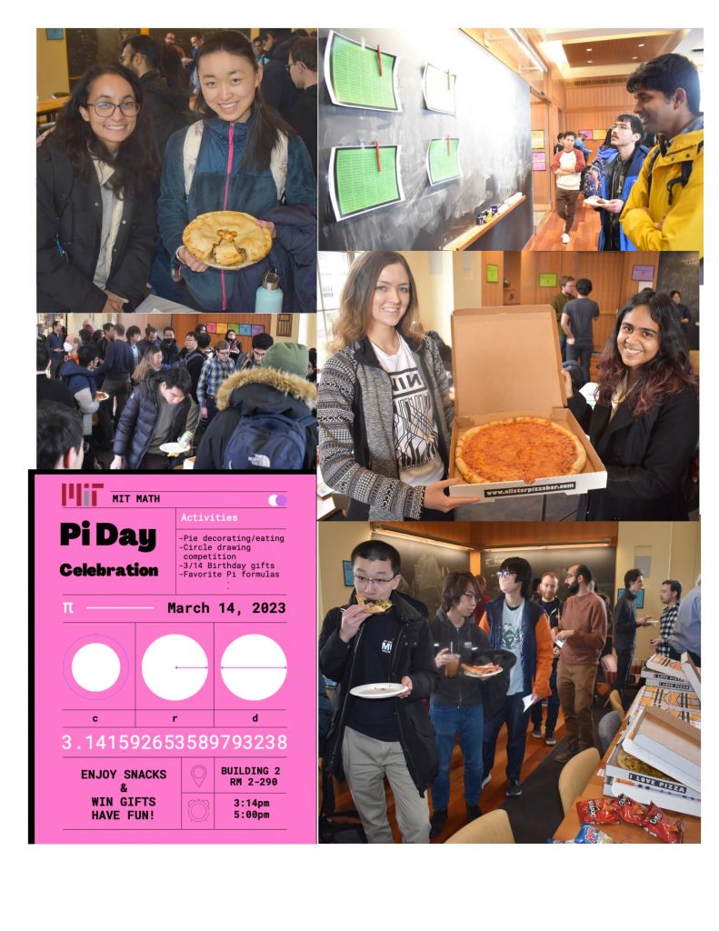 a collection of photos from Pi day, such as pizza eating, a gathering of people, and a chalkboard with a pi contest.