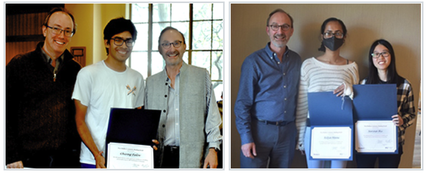 First photo, from left: Steven Johnson, Chirag Falor, and Michel Goemans; second photo, from left: Michel, Nitya Mani, and Serina Hu.