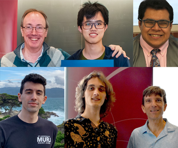 Top, from left, Prof. Steven Johnson with Pitchayut (Mark) Saengrungkongka; George Shaker; bottom, from left, Matija Delic; Max Daniels with Prof. Bill Minicozzi.