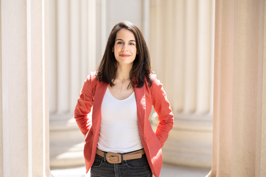 Juncal Arbelaiz Mugica stands among Roman columns at MIT.