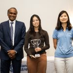Arun Alagappan, president and founder of the Advantage Testing Foundation; Jessica Wan, first-place winner and a senior from Parkland, Florida; and In Young Cho, Math Prize for Girls alumna and emcee.