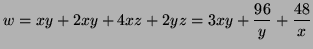$\displaystyle w=xy+2xy+4xz+2yz=3xy+\frac{96}y+\frac{48}x
$