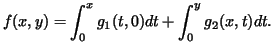 $\displaystyle f(x,y)=\int_0^xg_1(t,0)dt+\int_0^yg_2(x,t)dt.$